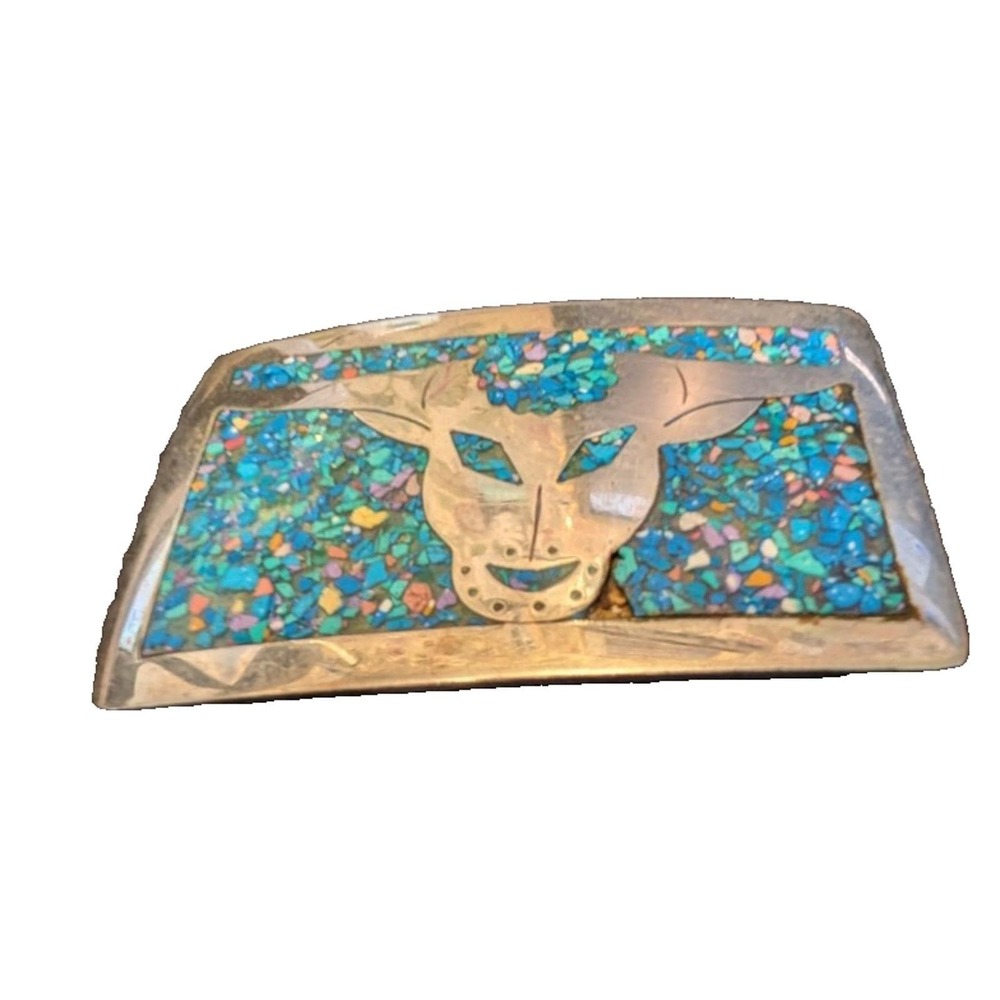 Vintage Artisan Turquoise  Inlay Belt Buckle    Bull   Signed Mexico Alpaca